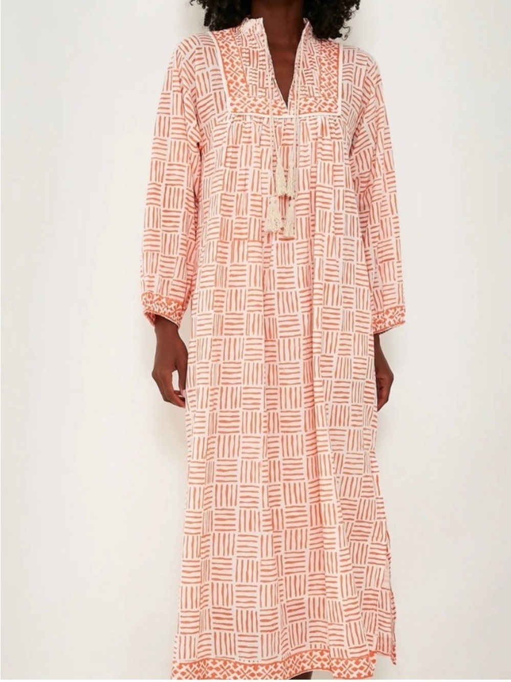 Marea Coral Block-Print Maxi Dress with Tassel Tie